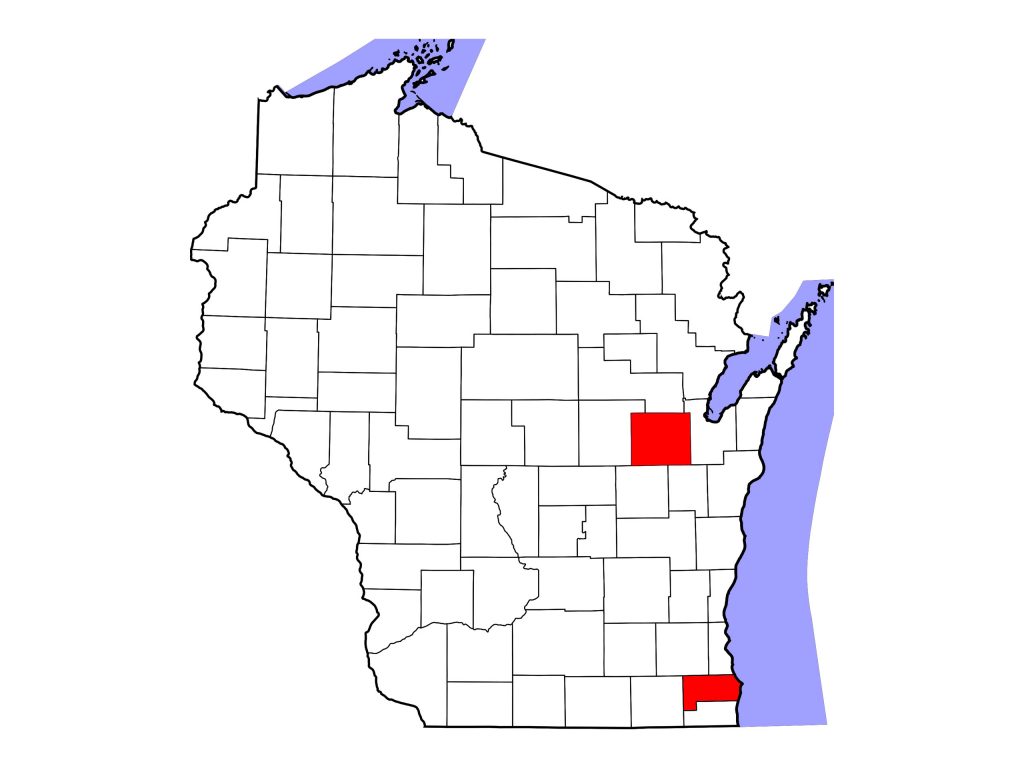 Map of Wisconsin highlighting Racine and Outagamie counties. 